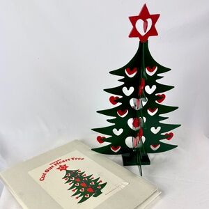 Vintage Dept 56 Wooden Cut Out Heart Tree Christmas Green Red Scandinavian Style